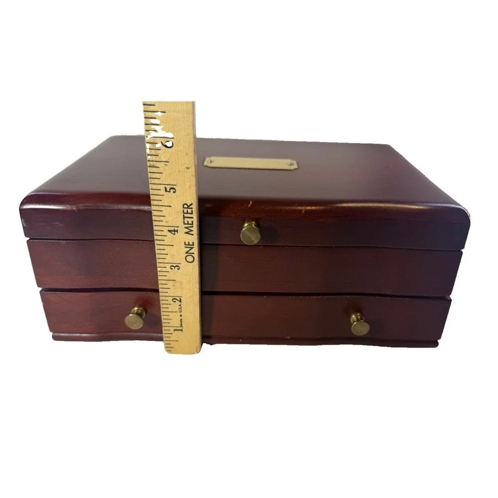 Reed & Barton Eureka Wood Jewelry Box Chest W/Drawer Burgundy Velvet Interior